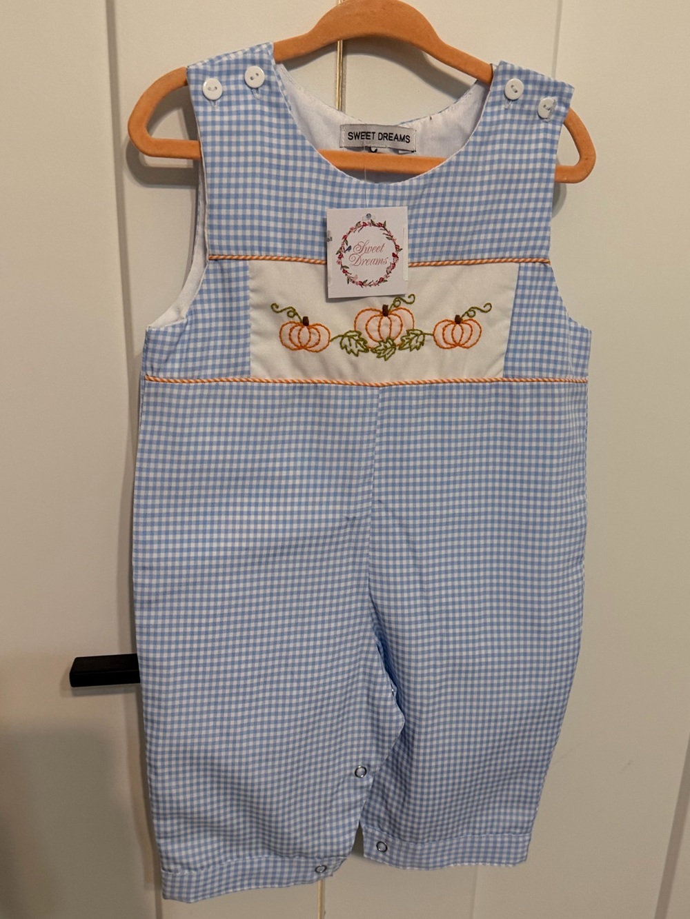 Sweet Dreams Blue Gingham Pumpkin Embroidered Boys Romper Jon Jon